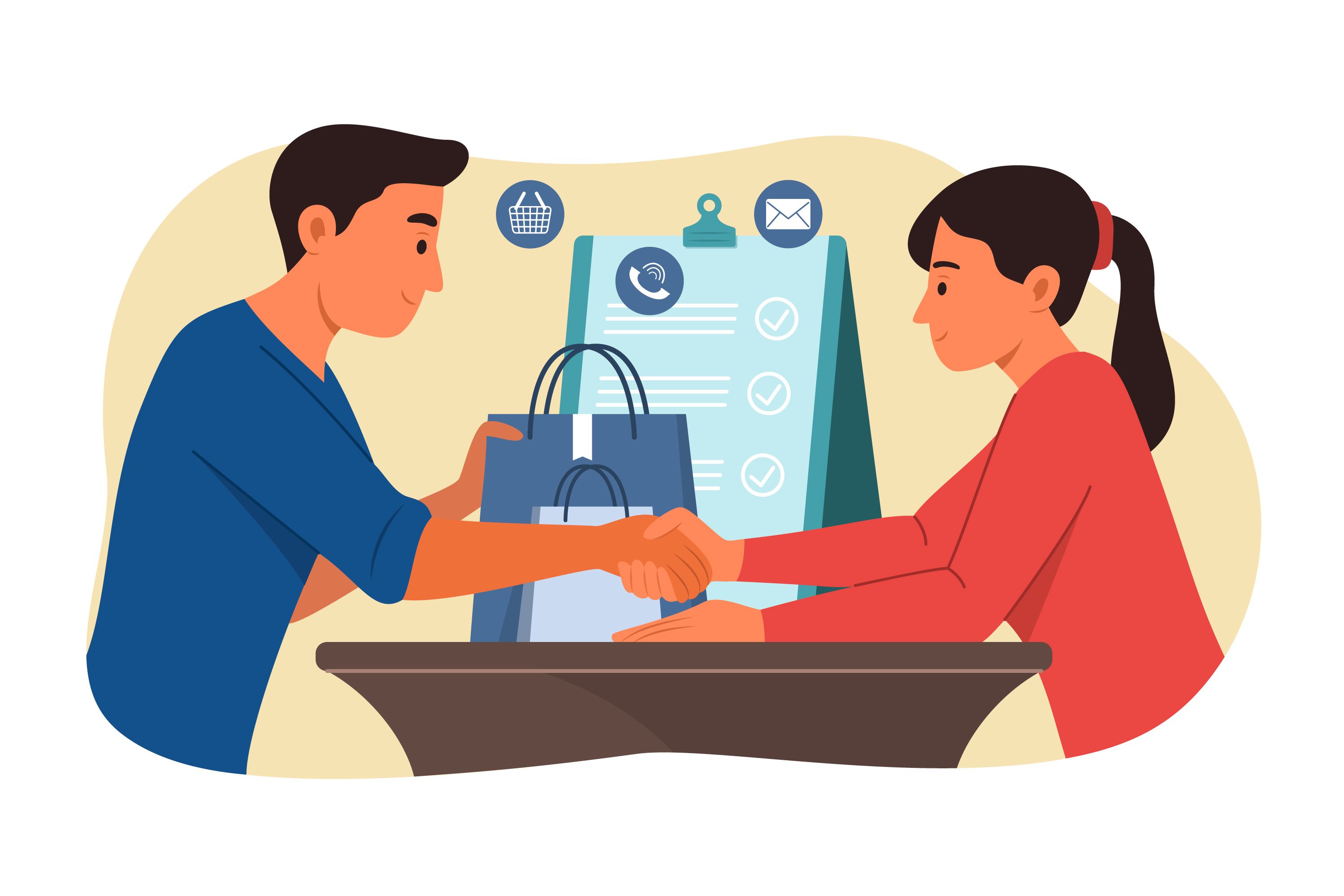 Illustration of a man and woman shaking hands after a successful purchase, symbolizing customer loyalty and business trust.