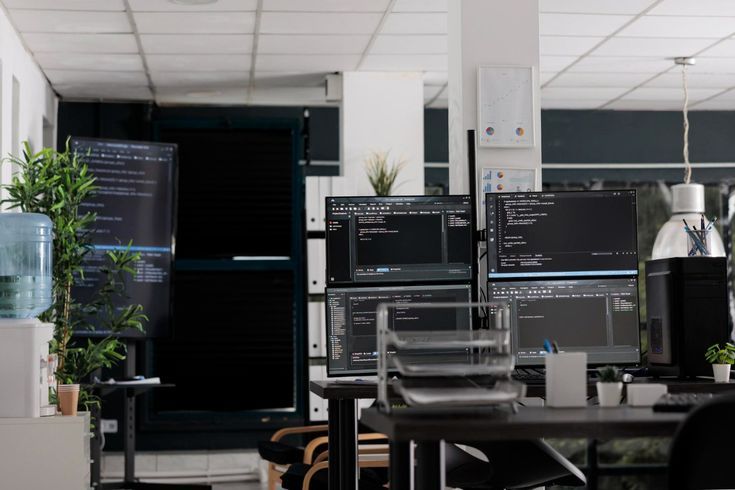 Modern software development office with multiple monitors displaying code, representing a professional software house environment.