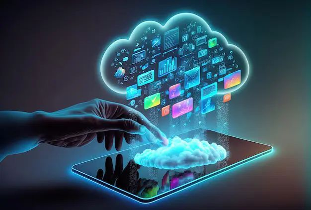 Hand interacting with a digital cloud containing various app icons and data, representing cloud computing and online data storage technology.