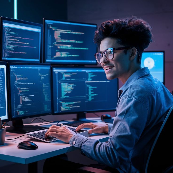 A software developer working on multiple screens displaying code and dashboards in a modern workspace, representing custom software development.