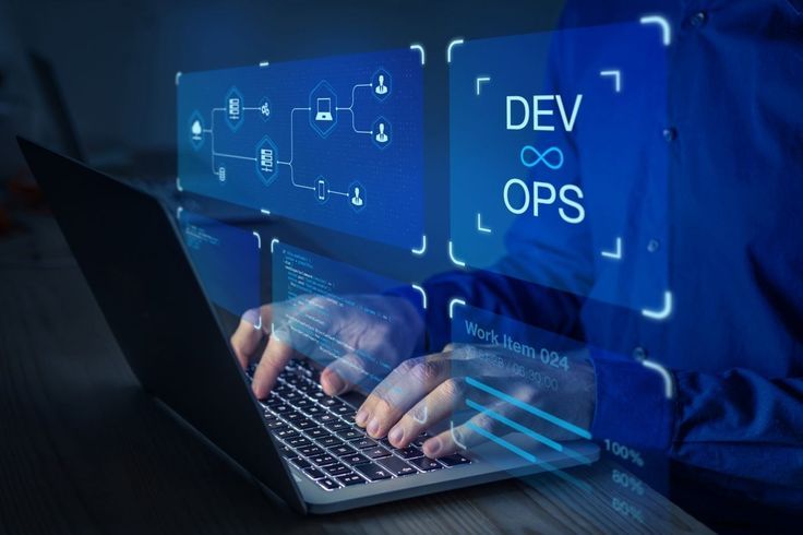 An IT professional uses a laptop with a DevOps concept visualization display for software development and operations.