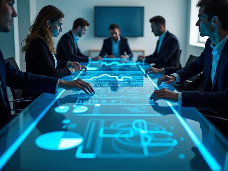 Business team in a digital transformation meeting using AI and data-driven technology.