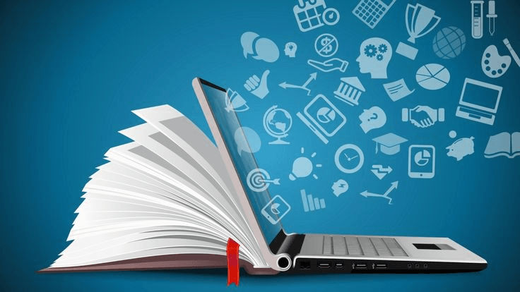 An open book transforming into a laptop with digital icons emerging, representing structured website content, data organization, and SEO-friendly design.